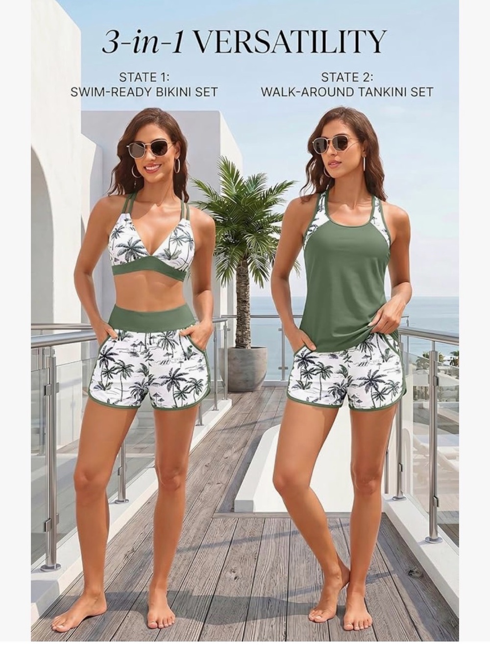 3-in-1 Green & White Palm-Print Women’s Swim Bikini Set